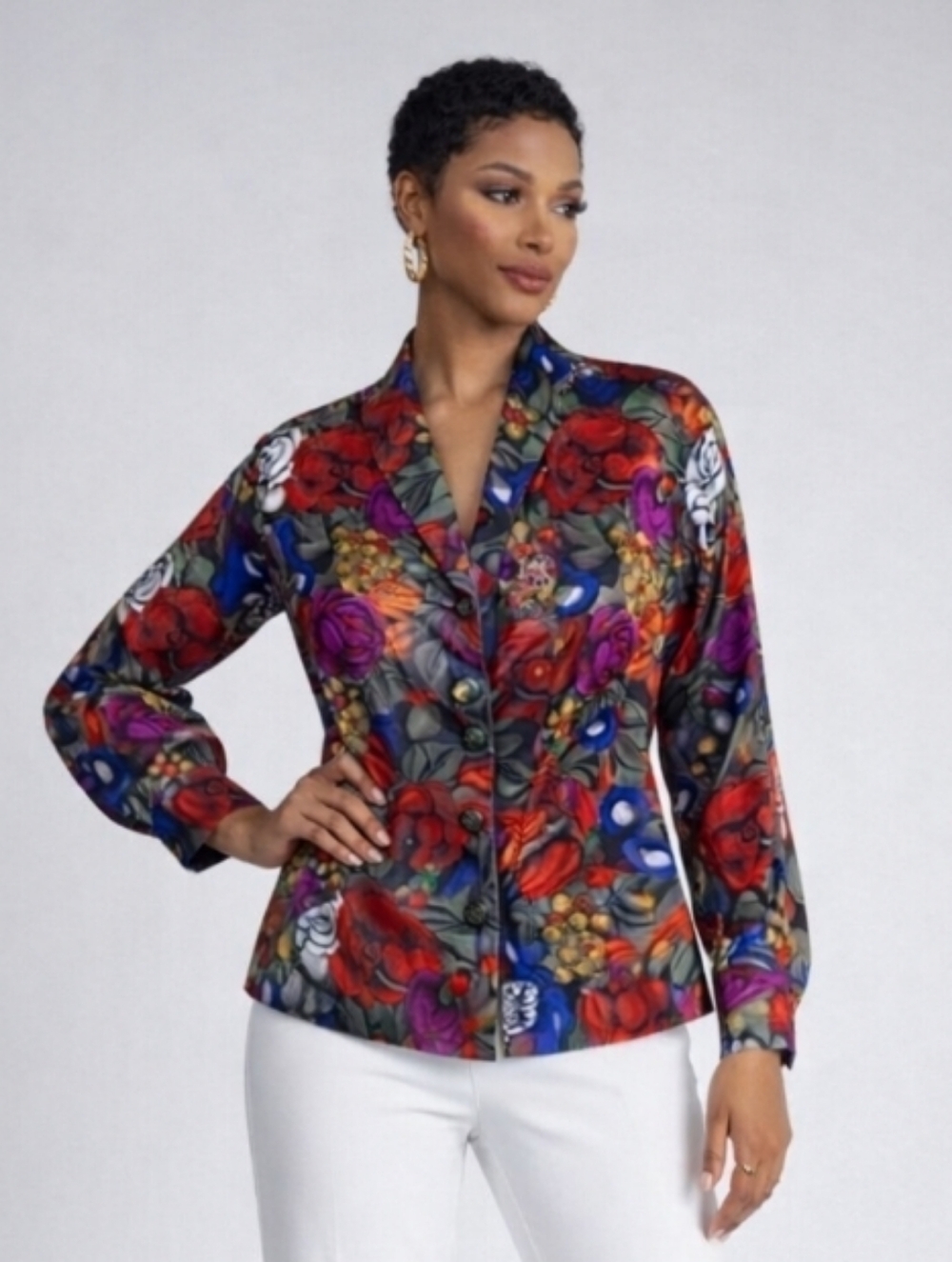Martinique Floral Shawl Collar Pullover With Faux Button Font Gem Colors 8